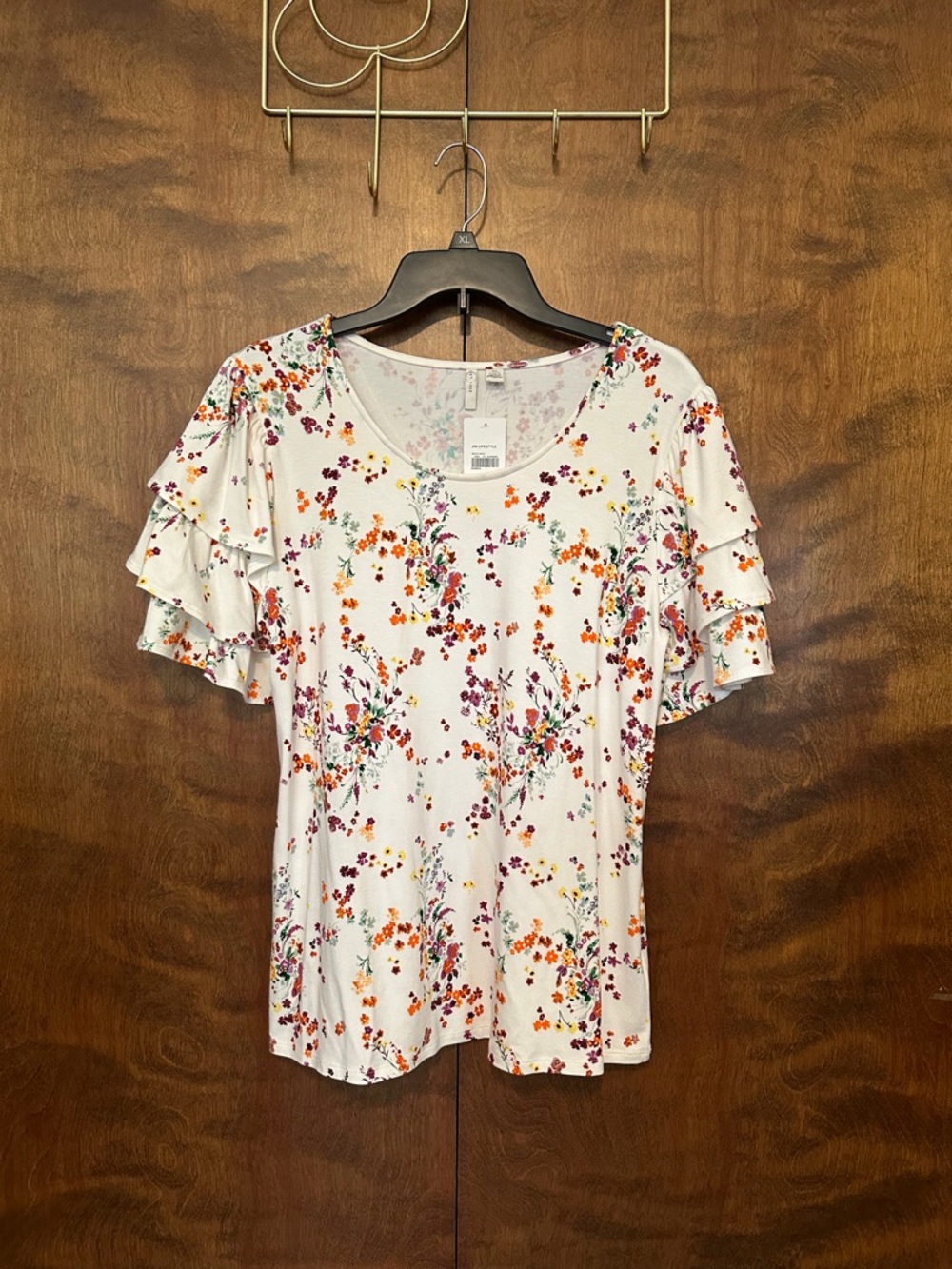 CATO Double Ruffle Sleeve Shirt Womens M White Floral Print Rayon Knit Top